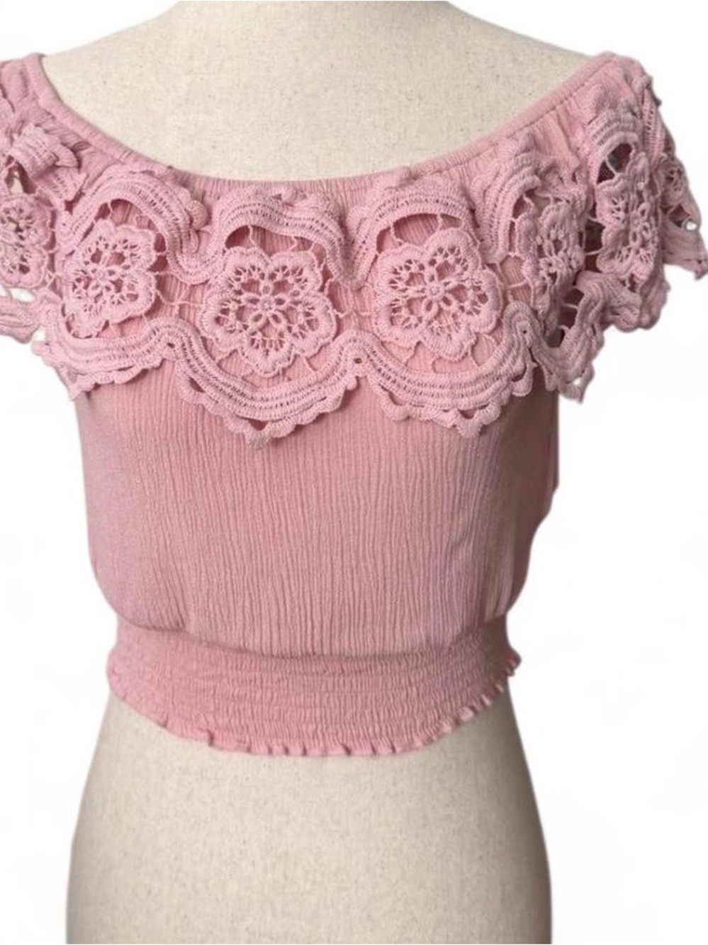 Forever 21 Pink Smocked Lace Off-Shoulder Crop Top